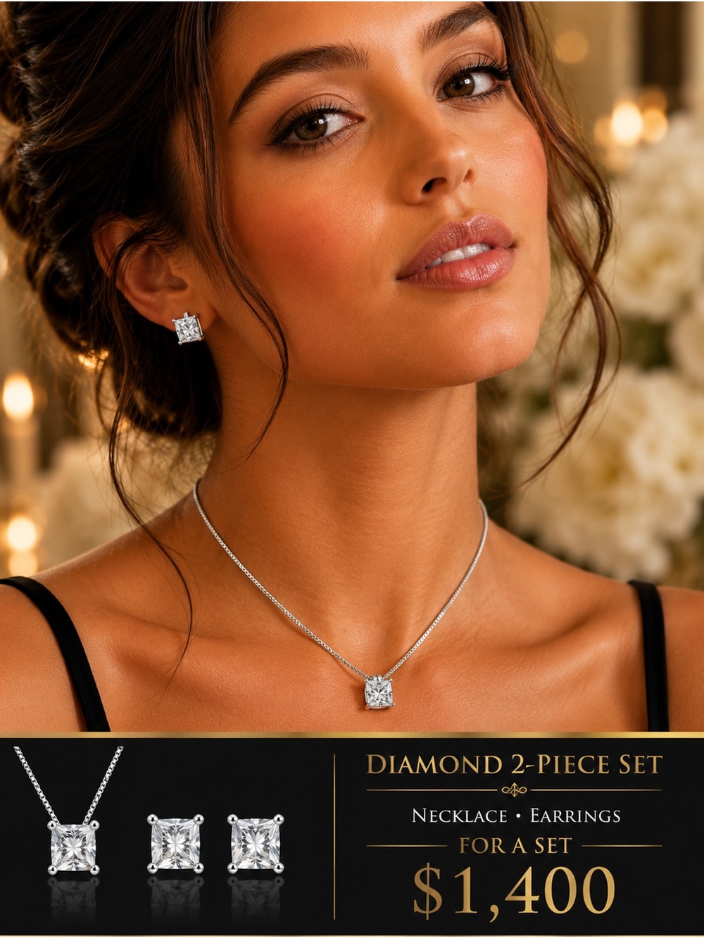 Classic Square-Cut Pendant Necklace & Stud Earrings Set - Silver
